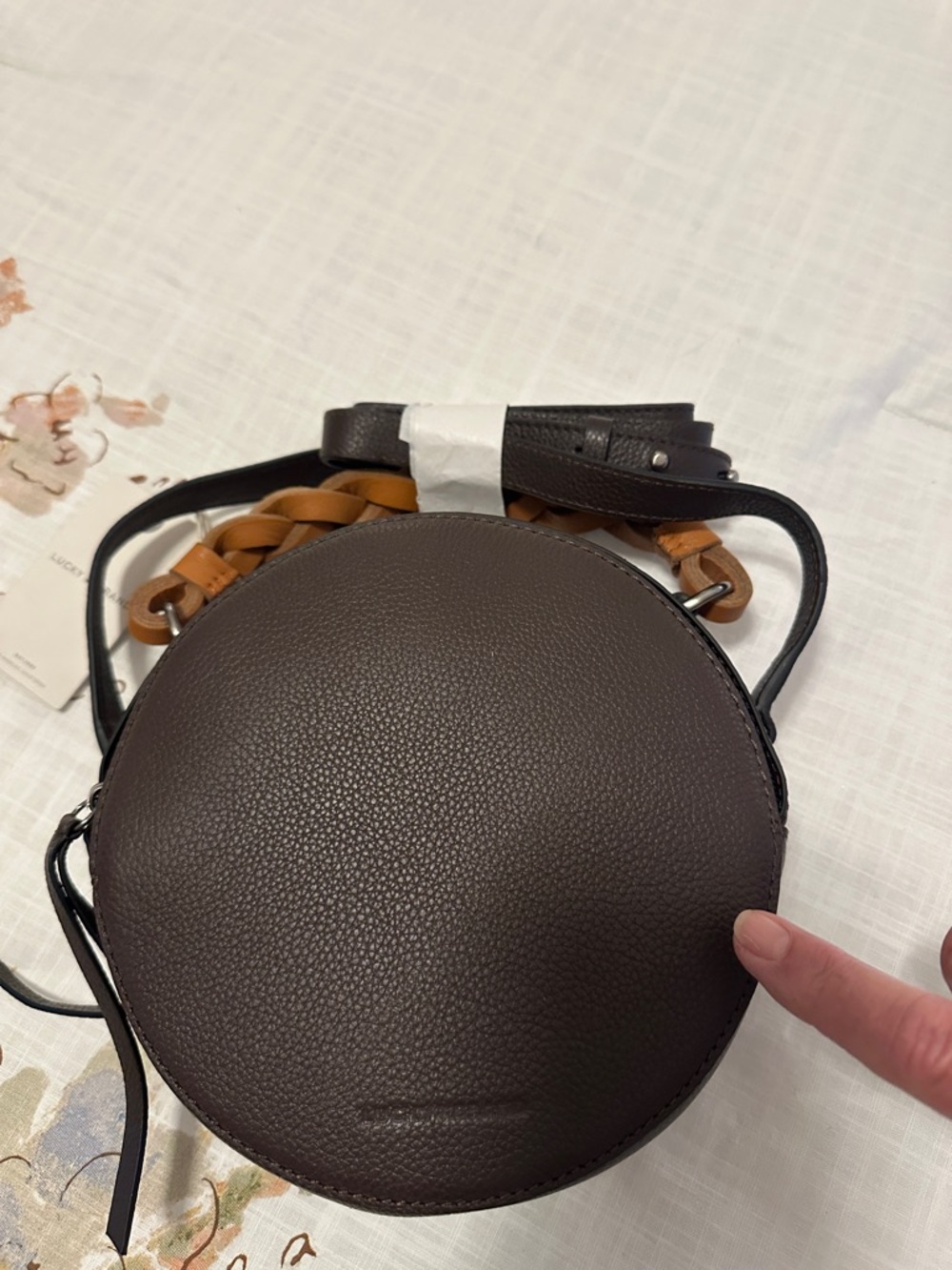 Lucky Brand Round Crossbody Bag in Dark Brown with Tan Braided Handle - Picture 4 of 4